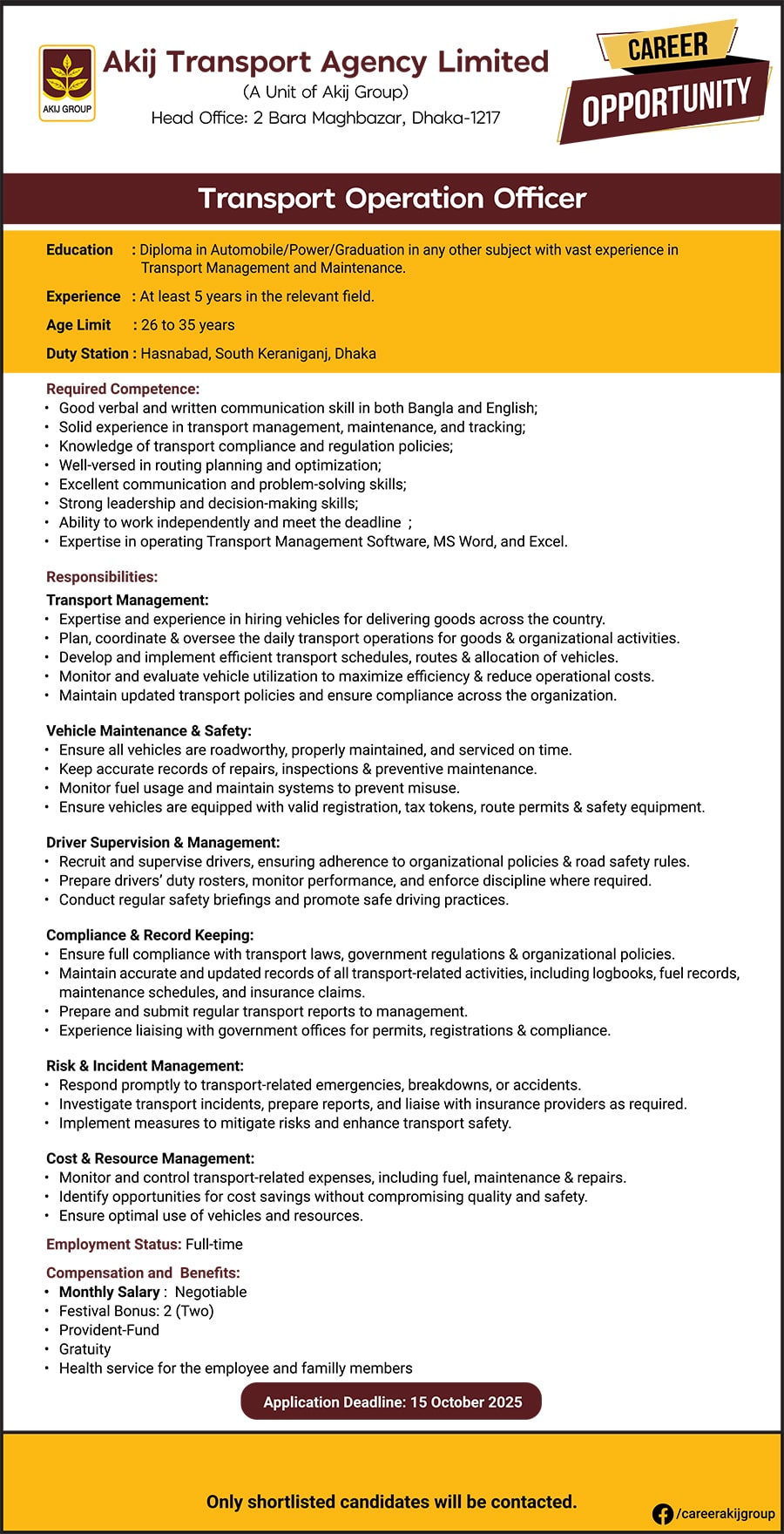 Akij Transport Agency Limited Career Apply Online