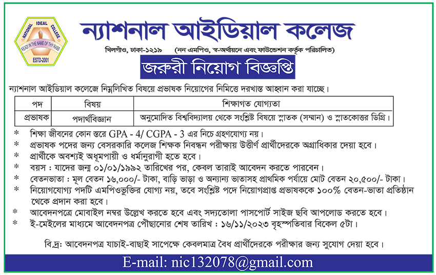 National Ideal College Job Circular